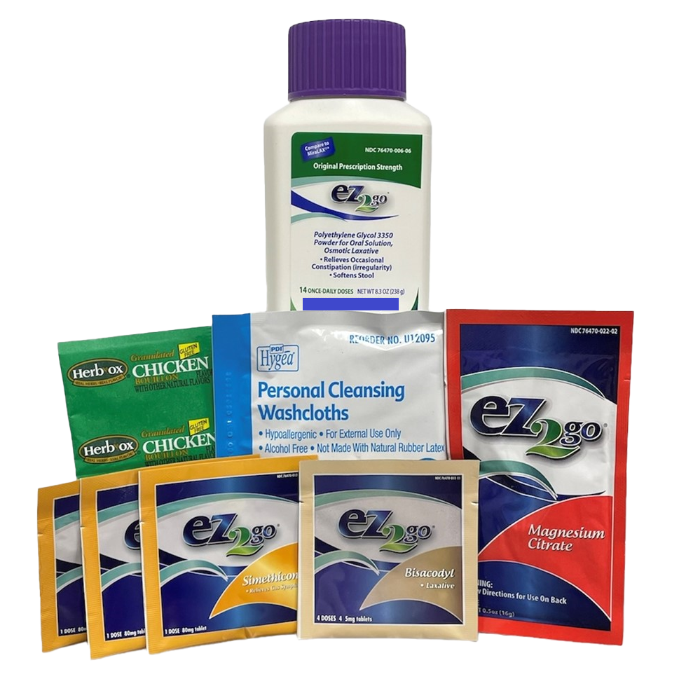 Standard colonoscopy prep kit shown.